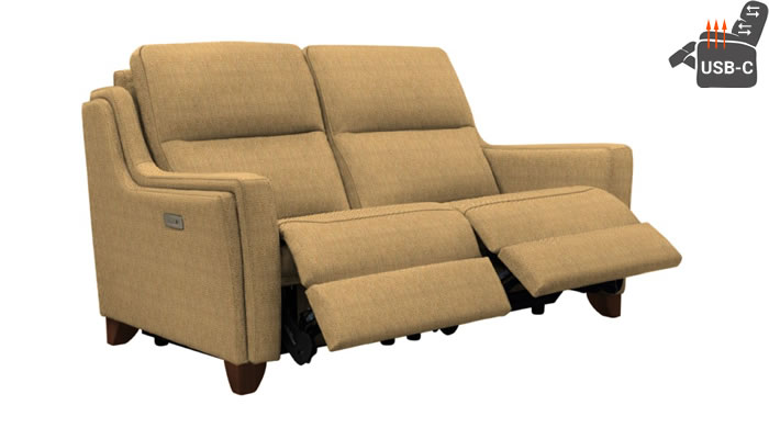 Parker Knoll Portland 2 Seat Recliner Headrest Lumbar USB Heated Seats Baslow Plain Gold Mahogany Leg
